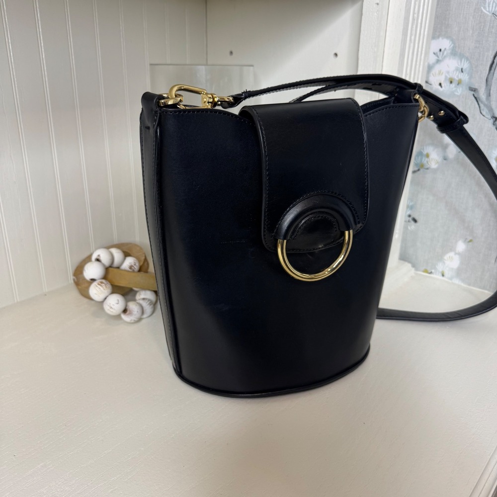 Banana Republic Black Leather Bucket Crossbody with Gold Ring - Picture 2 of 7